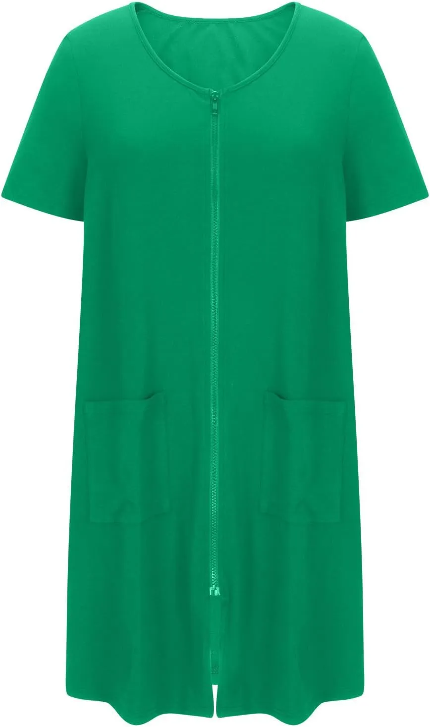 Loose Soft Nightgowns for Women Zip Front Nightshirt Short Sleeve Sleepwear Crewneck Summer Short Sleep Dress with Pockets