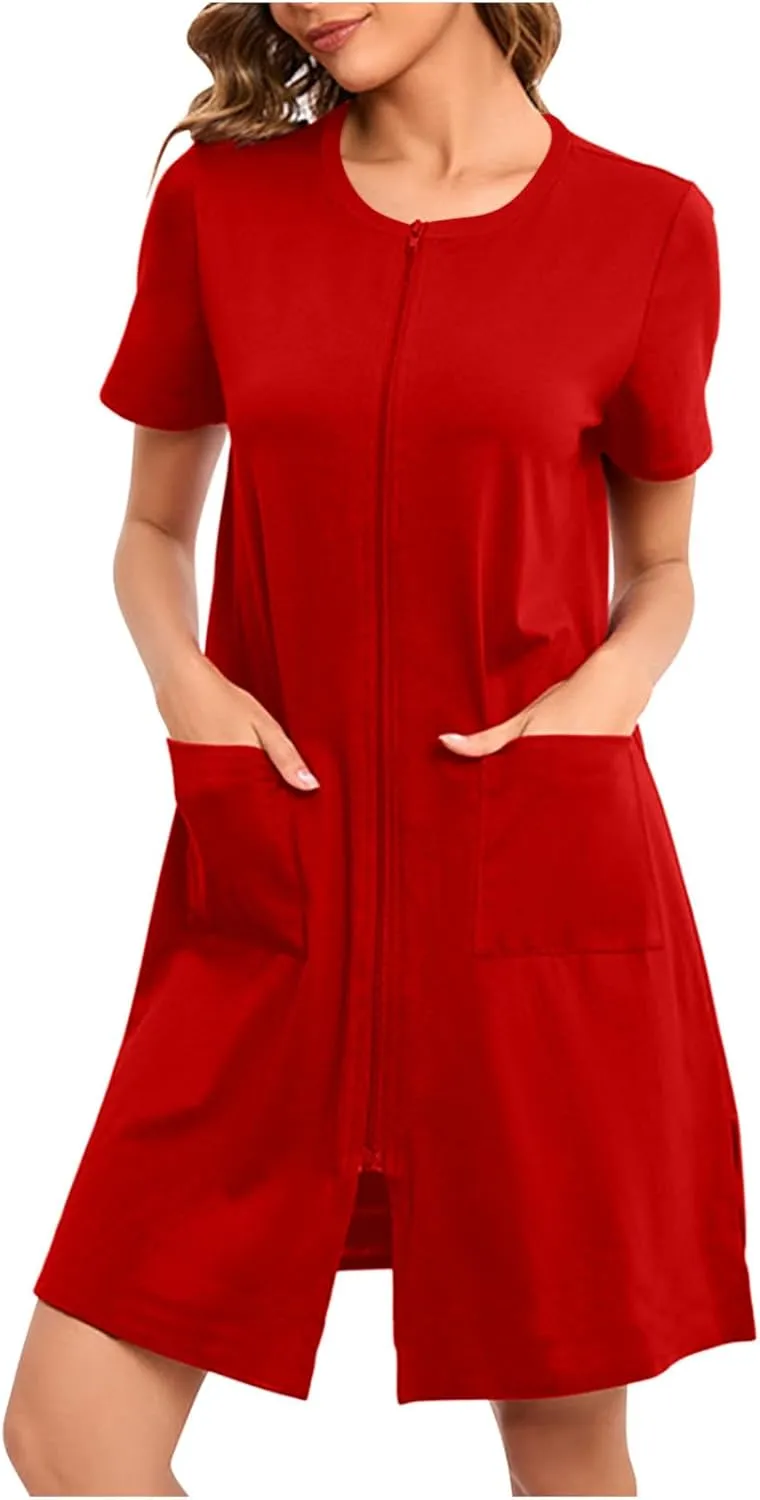 Loose Soft Nightgowns for Women Zip Front Nightshirt Short Sleeve Sleepwear Crewneck Summer Short Sleep Dress with Pockets