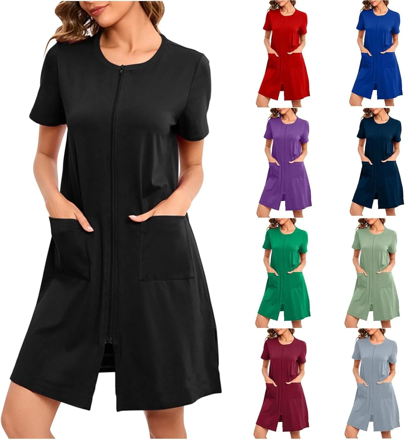 Loose Soft Nightgowns for Women Zip Front Nightshirt Short Sleeve Sleepwear Crewneck Summer Short Sleep Dress with Pockets