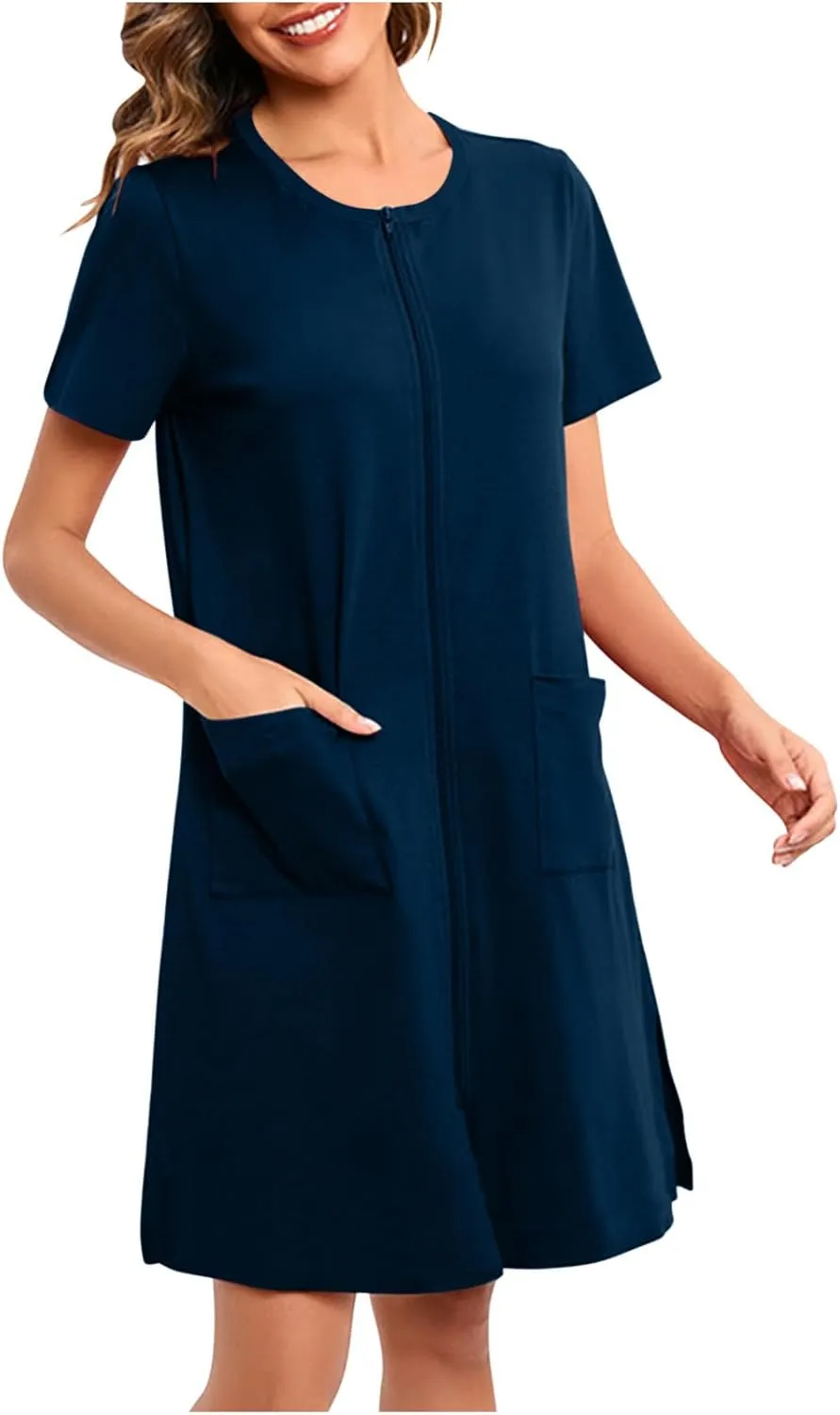 Loose Soft Nightgowns for Women Zip Front Nightshirt Short Sleeve Sleepwear Crewneck Summer Short Sleep Dress with Pockets