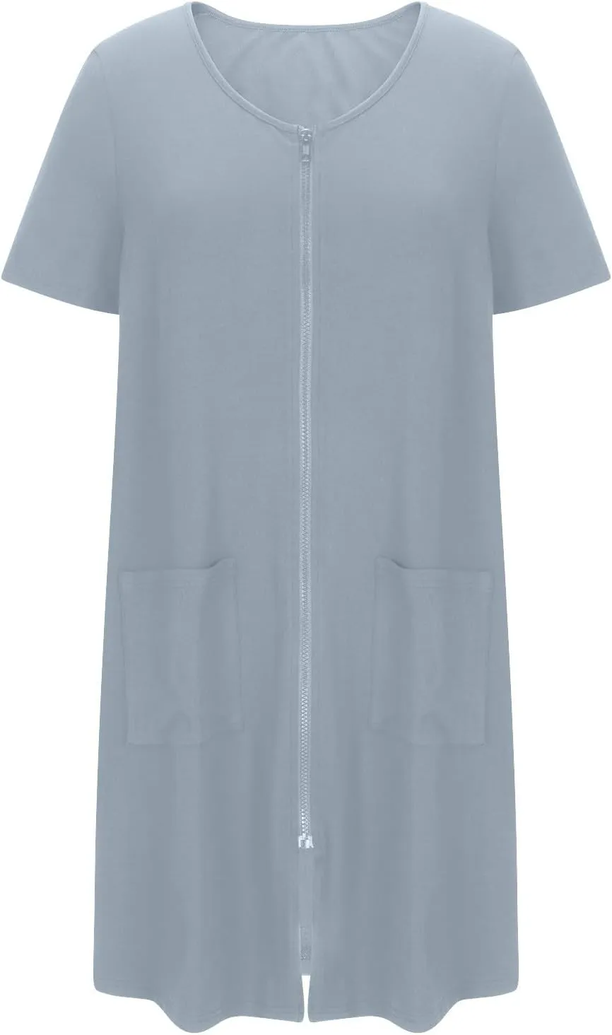 Loose Soft Nightgowns for Women Zip Front Nightshirt Short Sleeve Sleepwear Crewneck Summer Short Sleep Dress with Pockets