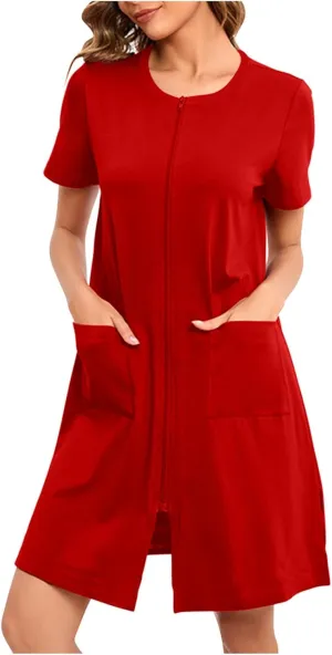 Loose Soft Nightgowns for Women Zip Front Nightshirt Short Sleeve Sleepwear Crewneck Summer Short Sleep Dress with Pockets