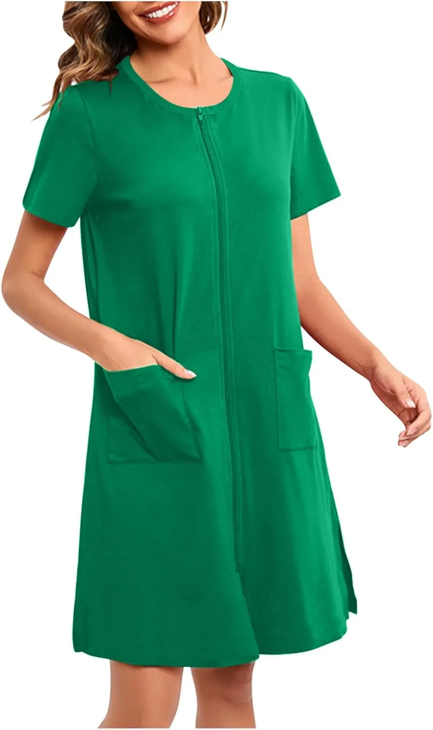 Loose Soft Nightgowns for Women Zip Front Nightshirt Short Sleeve Sleepwear Crewneck Summer Short Sleep Dress with Pockets