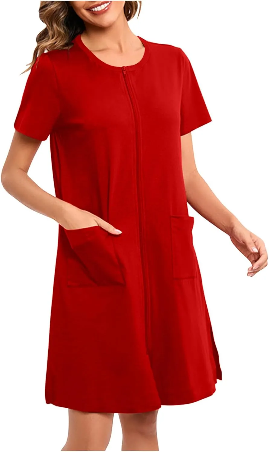 Loose Soft Nightgowns for Women Zip Front Nightshirt Short Sleeve Sleepwear Crewneck Summer Short Sleep Dress with Pockets