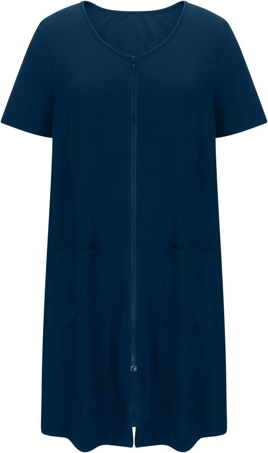 Loose Soft Nightgowns for Women Zip Front Nightshirt Short Sleeve Sleepwear Crewneck Summer Short Sleep Dress with Pockets