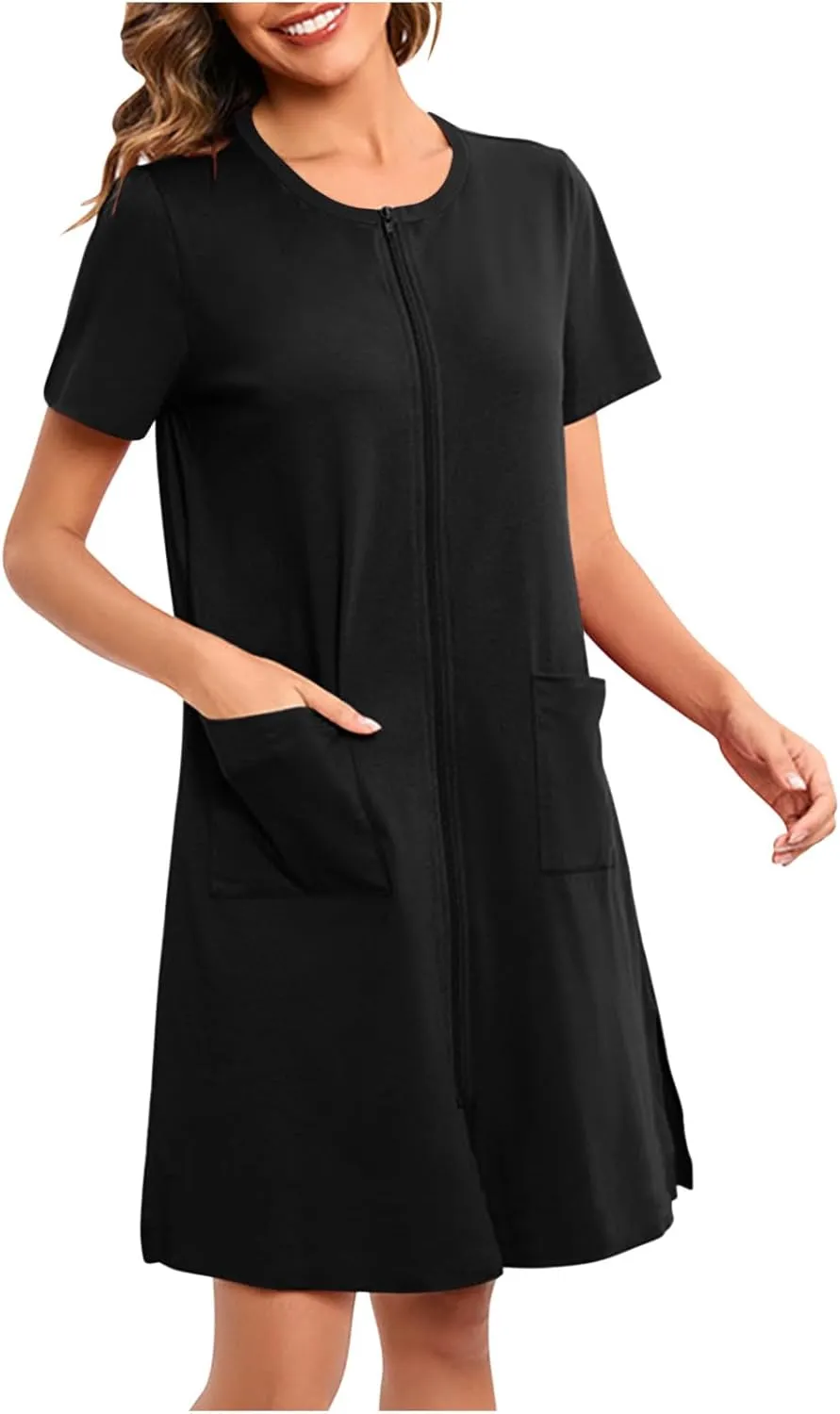 Loose Soft Nightgowns for Women Zip Front Nightshirt Short Sleeve Sleepwear Crewneck Summer Short Sleep Dress with Pockets