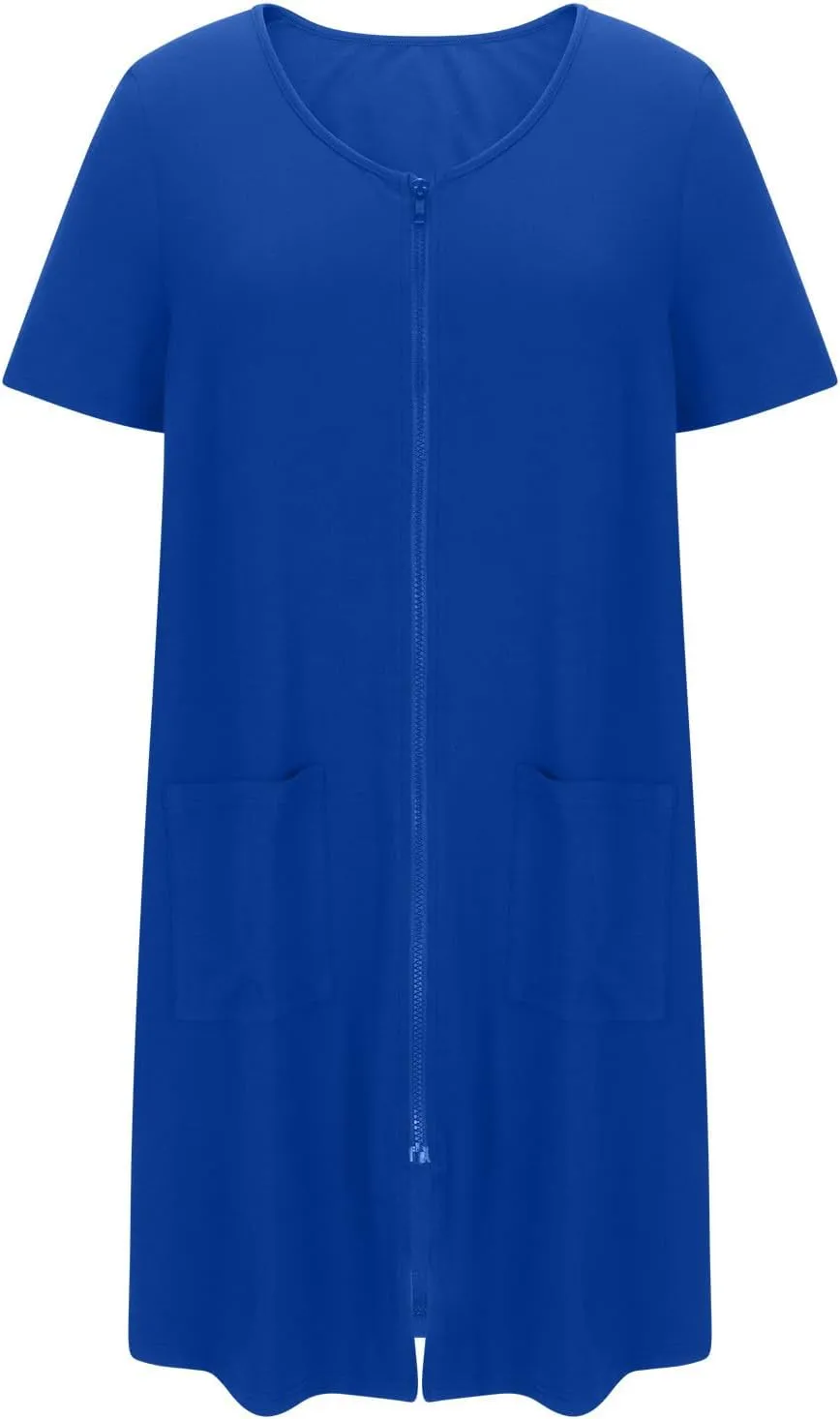 Loose Soft Nightgowns for Women Zip Front Nightshirt Short Sleeve Sleepwear Crewneck Summer Short Sleep Dress with Pockets