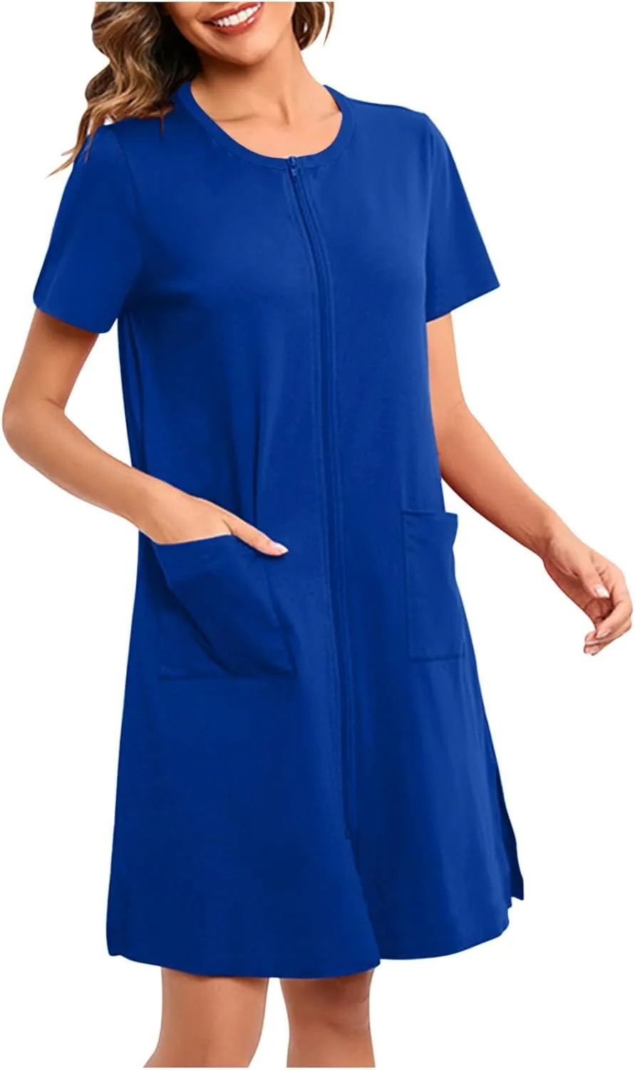 Loose Soft Nightgowns for Women Zip Front Nightshirt Short Sleeve Sleepwear Crewneck Summer Short Sleep Dress with Pockets