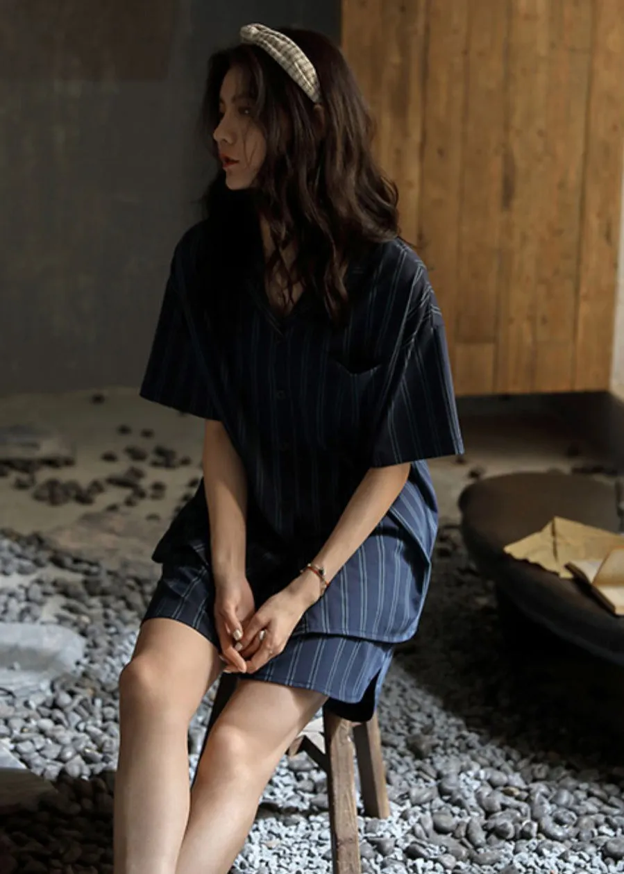 Loose Striped Peter Pan Collar Button Cotton Couple Pajamas Two Pieces Set Short Sleeve LY2845