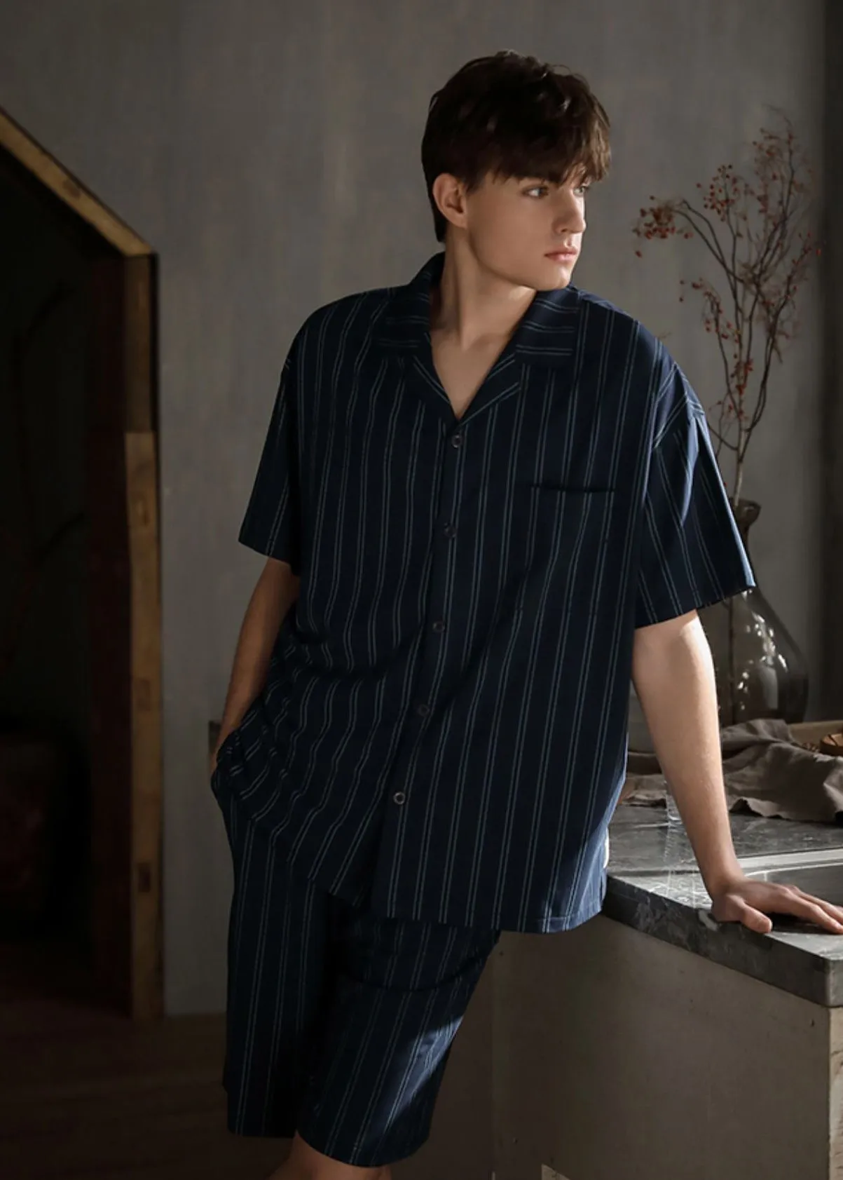 Loose Striped Peter Pan Collar Button Cotton Couple Pajamas Two Pieces Set Short Sleeve LY2845