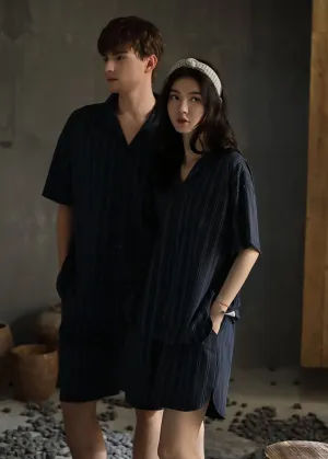 Loose Striped Peter Pan Collar Button Cotton Couple Pajamas Two Pieces Set Short Sleeve LY2845