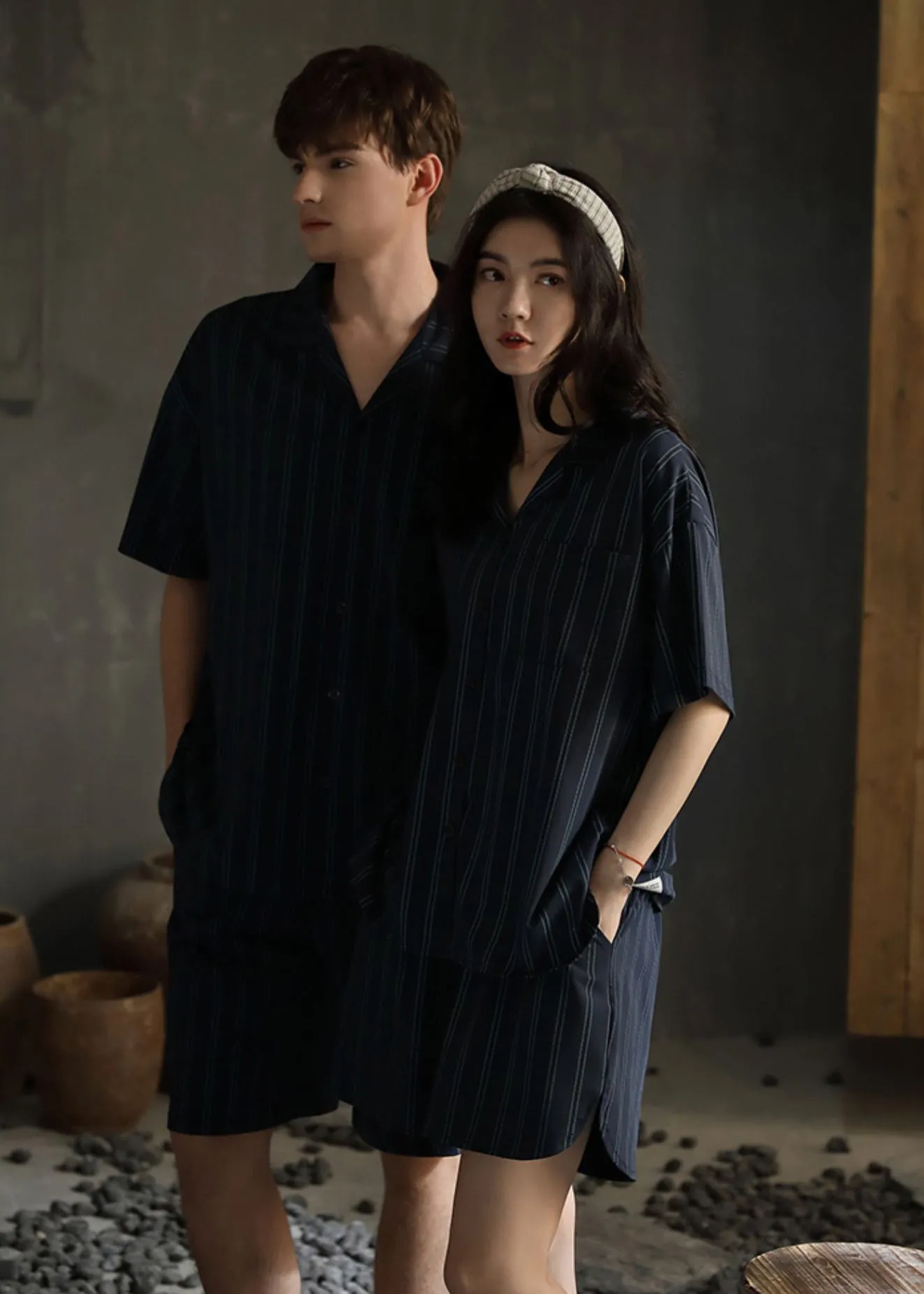 Loose Striped Peter Pan Collar Button Cotton Couple Pajamas Two Pieces Set Short Sleeve LY2845