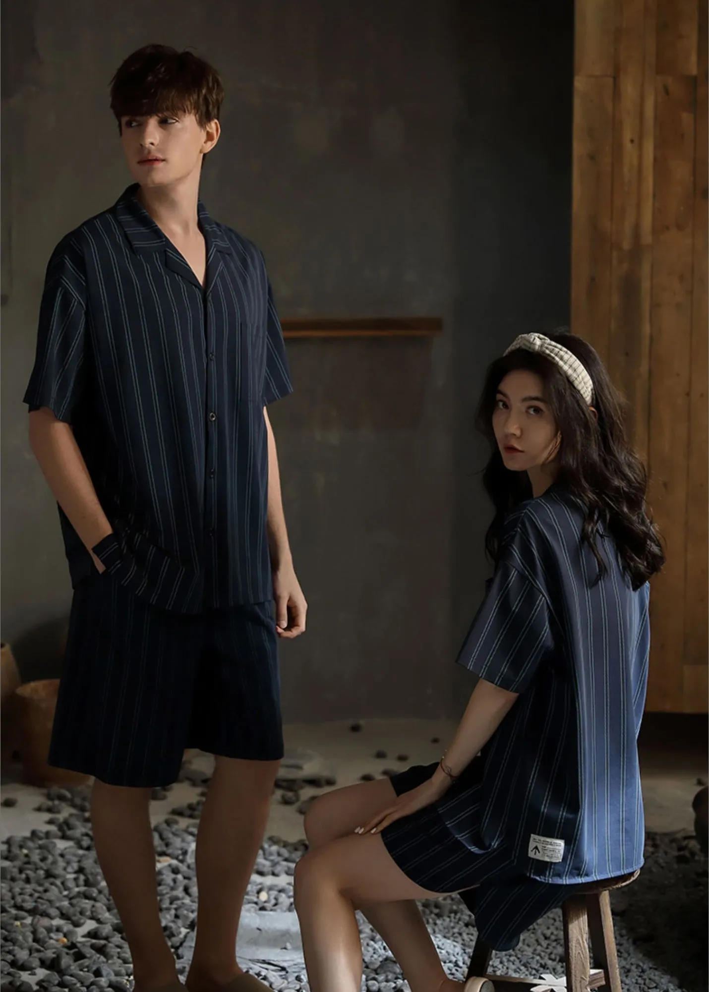 Loose Striped Peter Pan Collar Button Cotton Couple Pajamas Two Pieces Set Short Sleeve LY2845