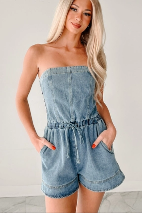 Essential Wearable High Noon Honey Strapless Denim Romper (Light Denim)