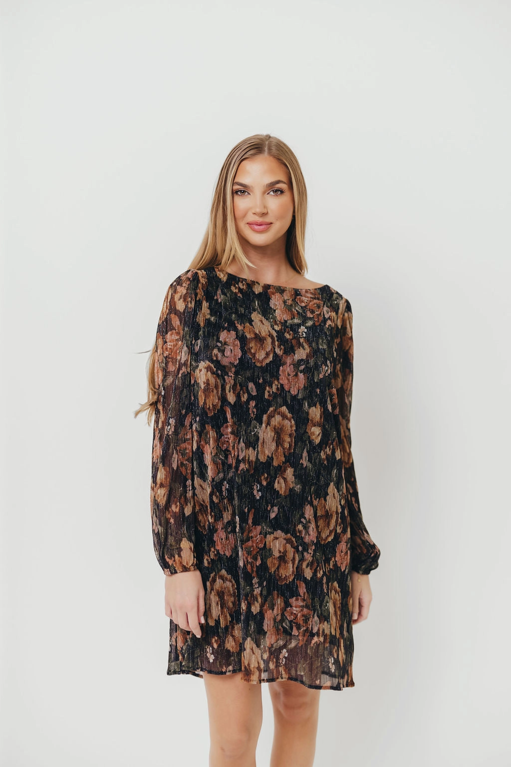 Lorraine Pleated Lurex Floral Print Mini Dress in Black Soft color Work Favorite