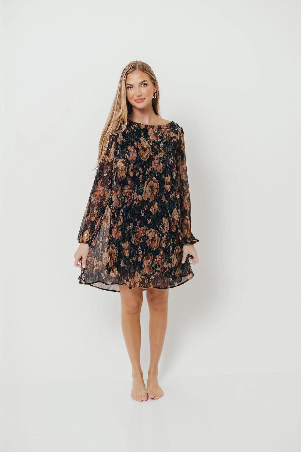 Lorraine Pleated Lurex Floral Print Mini Dress in Black Luxe Comfort