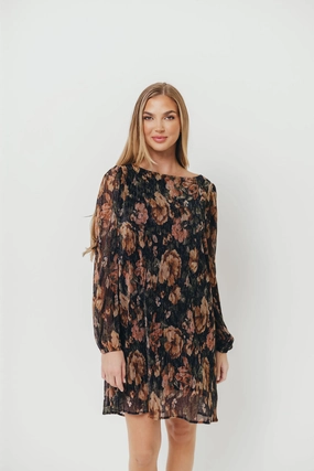 Lorraine Pleated Lurex Floral Print Mini Dress in Black Soft color Work Favorite