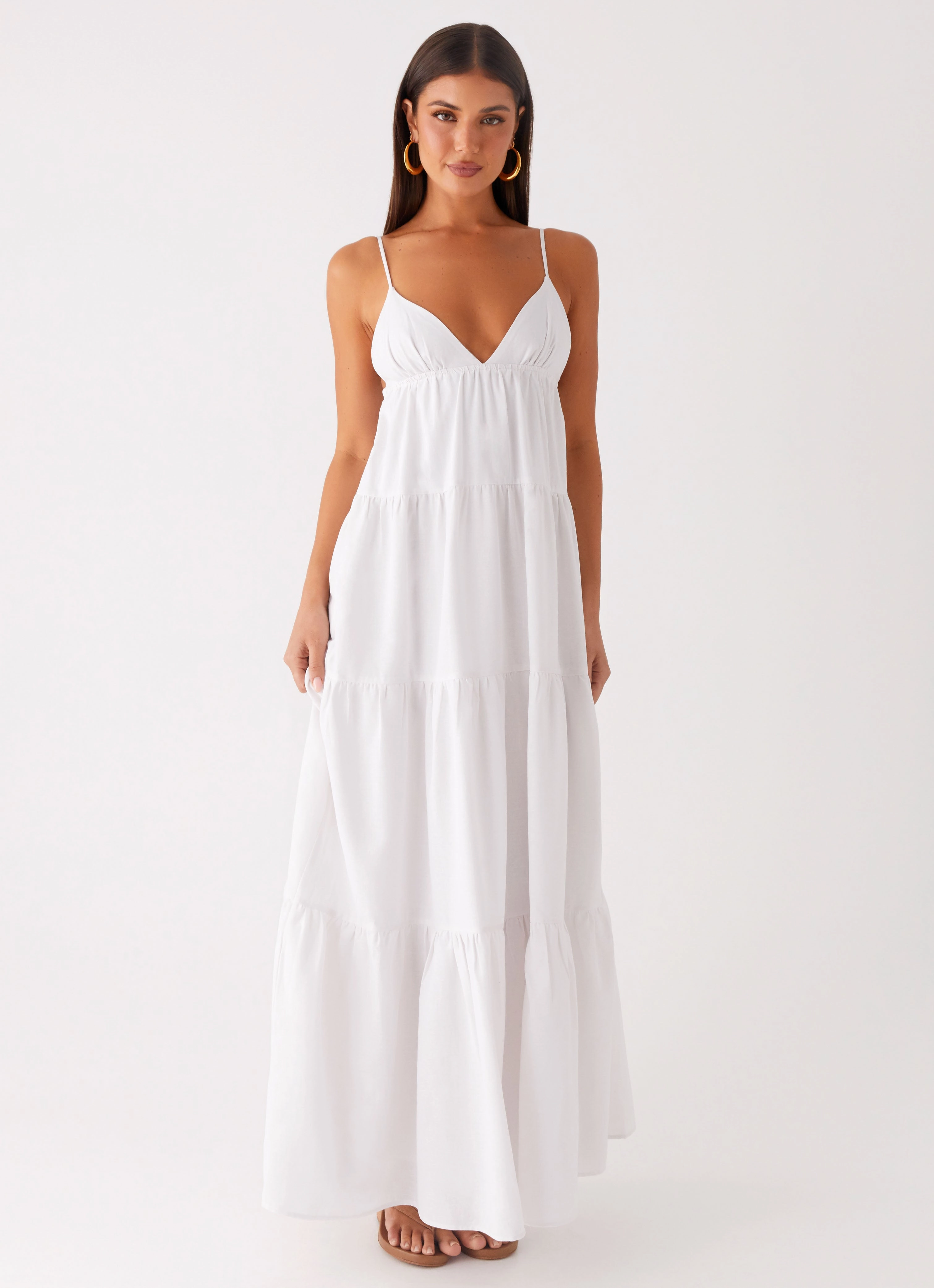 Lotty Linen Maxi Dress - White ruffle trim Shore Time