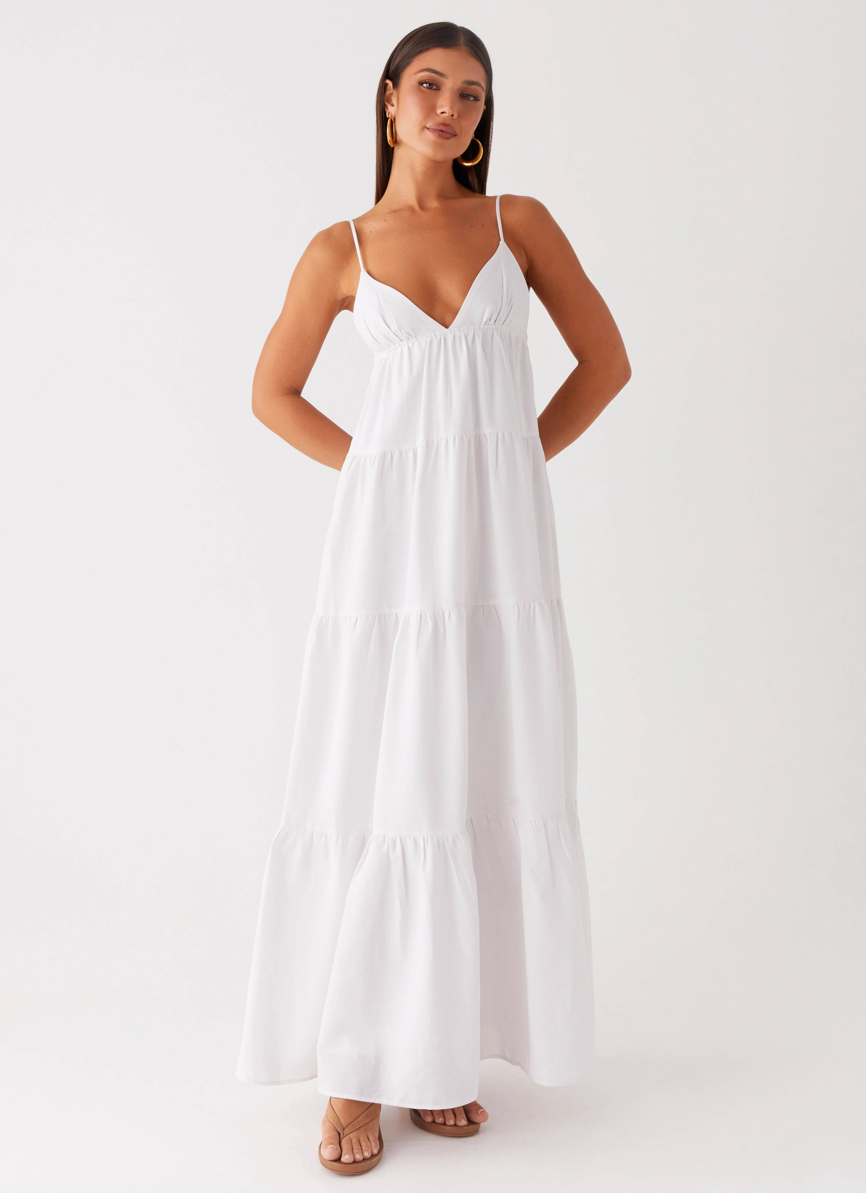 Balloon-Sleeve Textured Flow Lotty Linen Maxi Dress - White