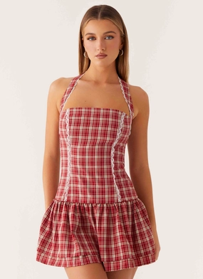 BreathableFabric Bright Bloom Lotus Dream Mini Dress - Ruby Check