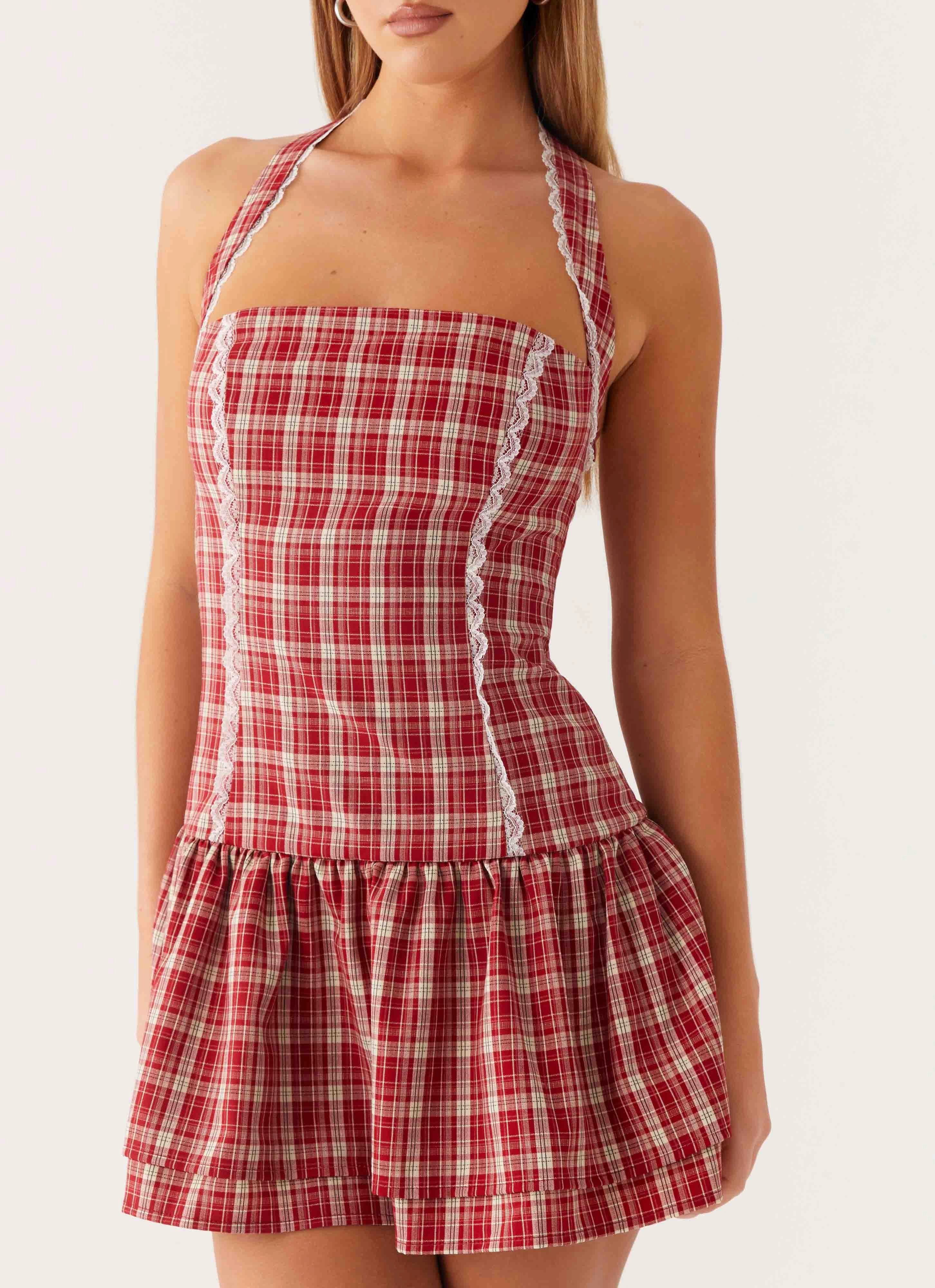 Romantic Vibes Lotus Dream Mini Dress - Ruby Check