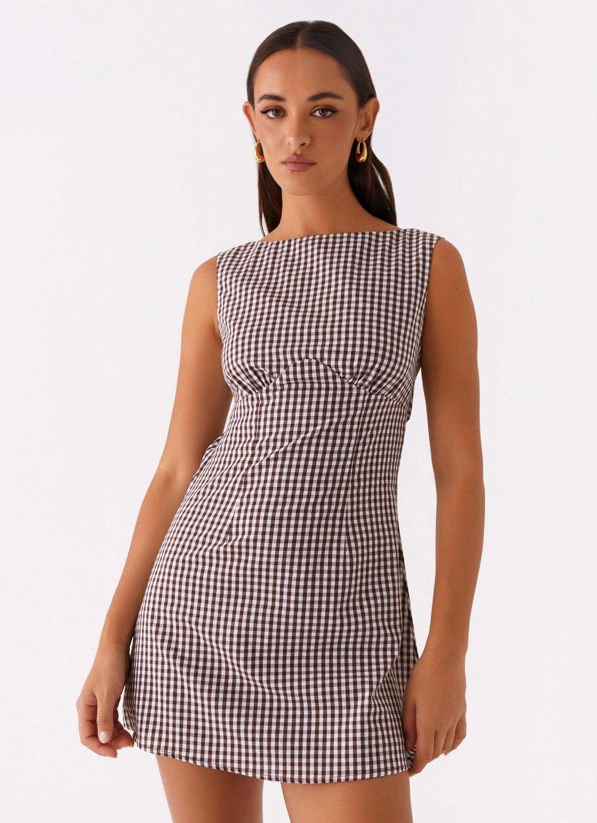 Effortless Fit Design Breeze Flow Lotus Tie Back Mini Dress - Chocolate Gingham