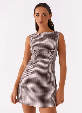 Effortless Fit Design Breeze Flow Lotus Tie Back Mini Dress - Chocolate Gingham