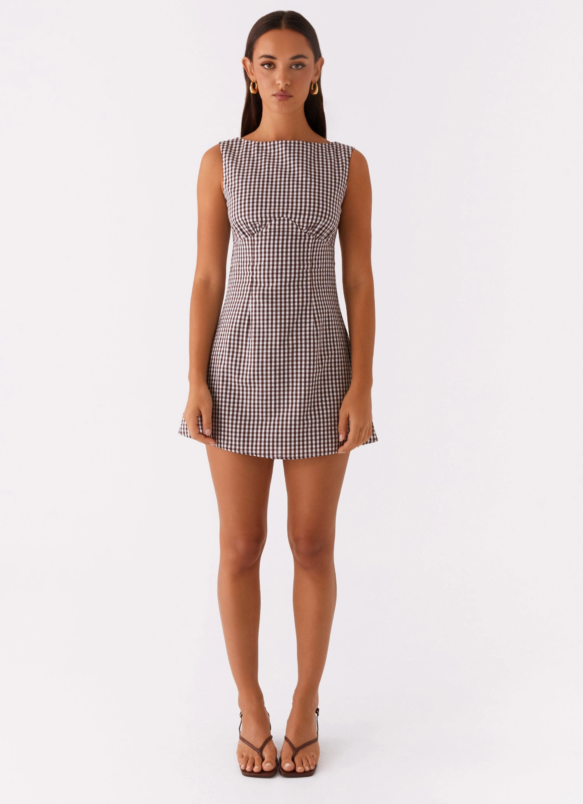 City Rhythm Chilly Day Wear Lotus Tie Back Mini Dress - Chocolate Gingham