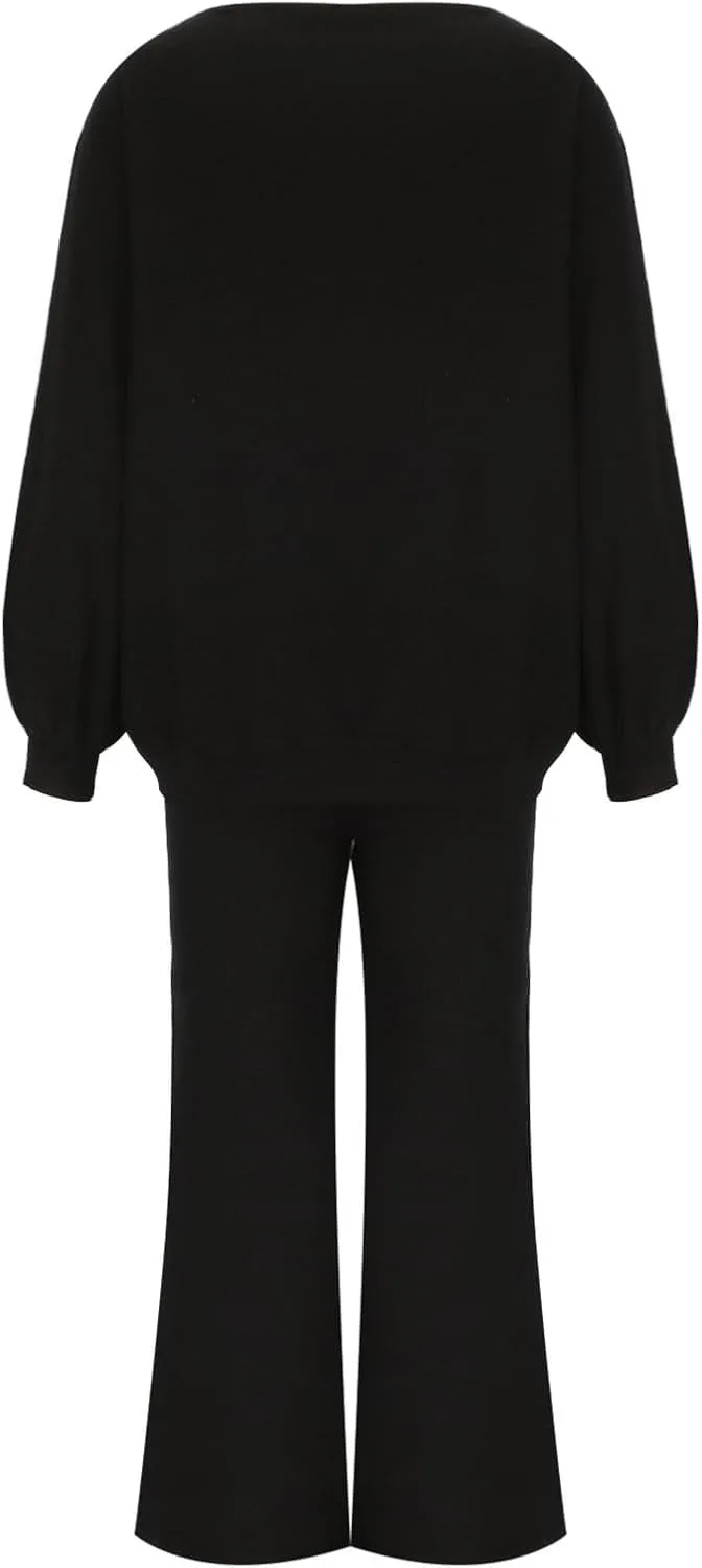 Lounge Matching Set Women Lantern Sleeve Sweatshirt and Flared Baggy Drawstring Sweatpants Commuter Cycling Clothes