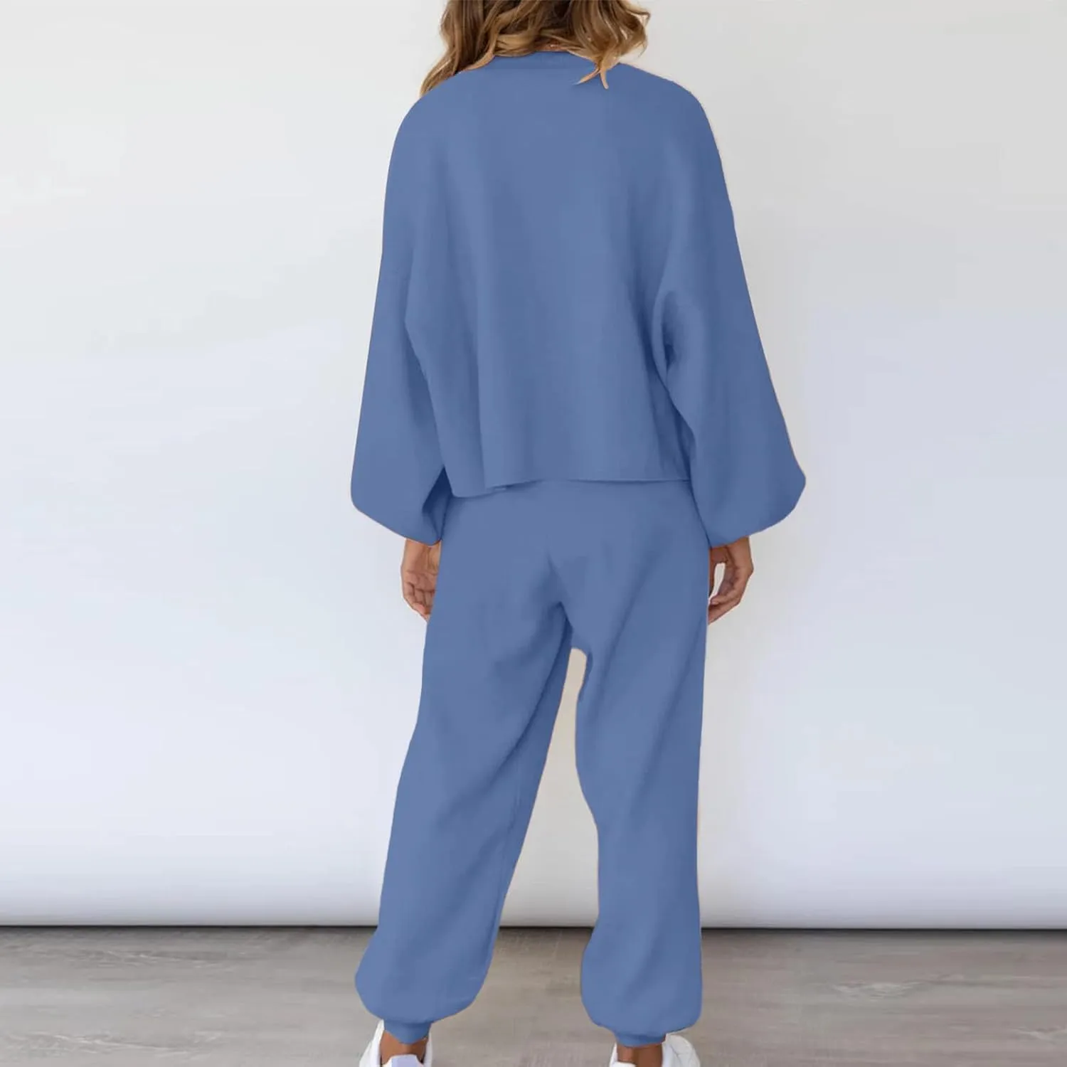 Lounge Matching Set Women Lantern Sleeve Sweatshirt and Flared Baggy Drawstring Sweatpants Commuter Cycling Clothes
