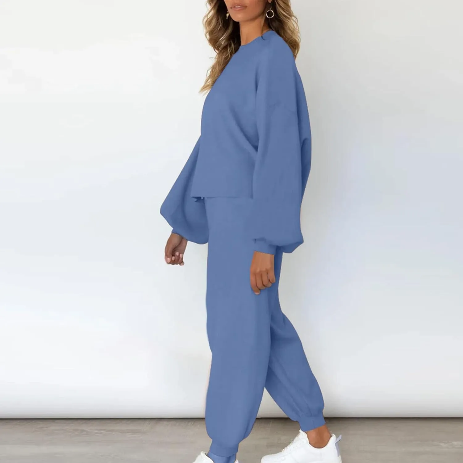 Lounge Matching Set Women Lantern Sleeve Sweatshirt and Flared Baggy Drawstring Sweatpants Commuter Cycling Clothes