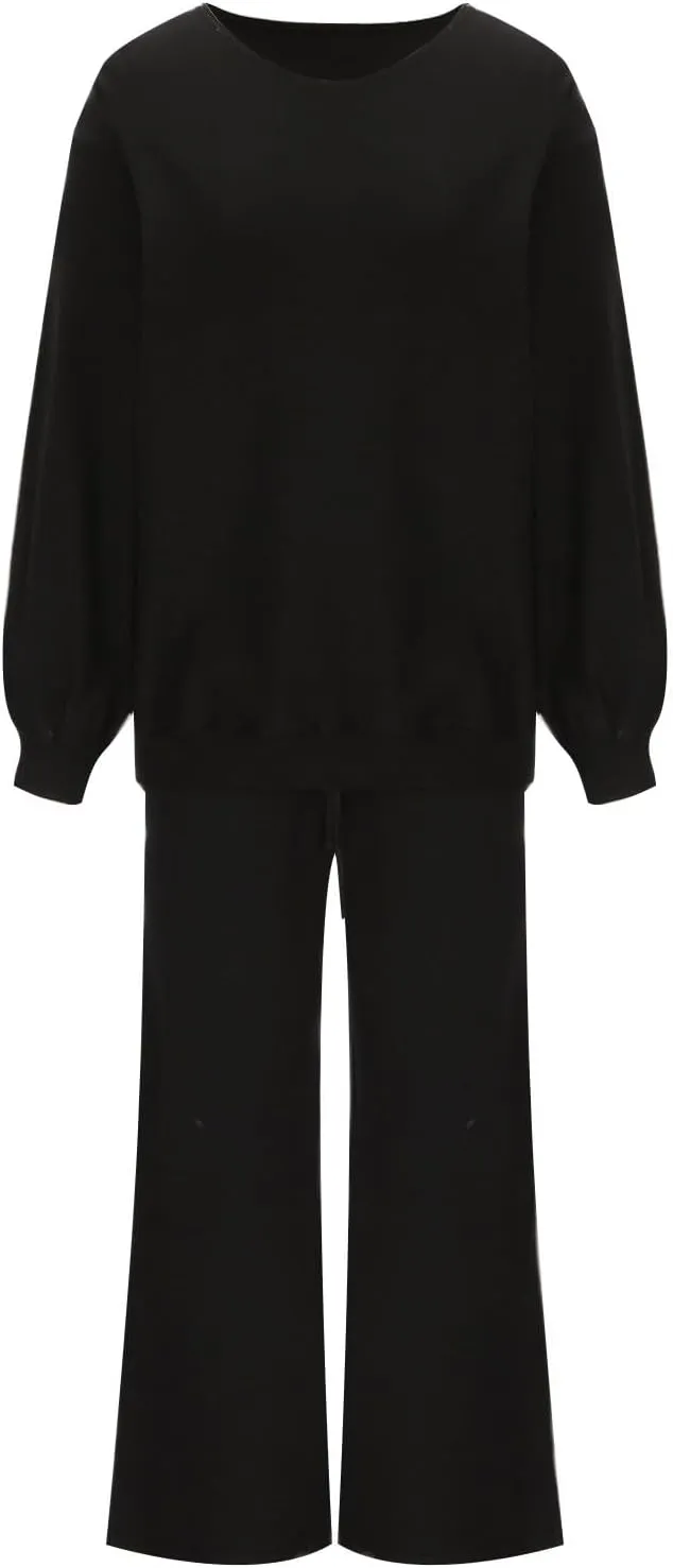 Lounge Matching Set Women Lantern Sleeve Sweatshirt and Flared Baggy Drawstring Sweatpants Commuter Cycling Clothes