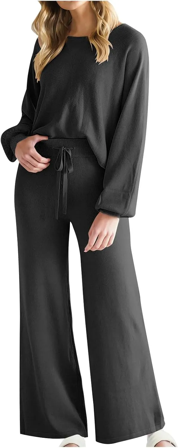 Lounge Matching Set Women Lantern Sleeve Sweatshirt and Flared Baggy Drawstring Sweatpants Commuter Cycling Clothes