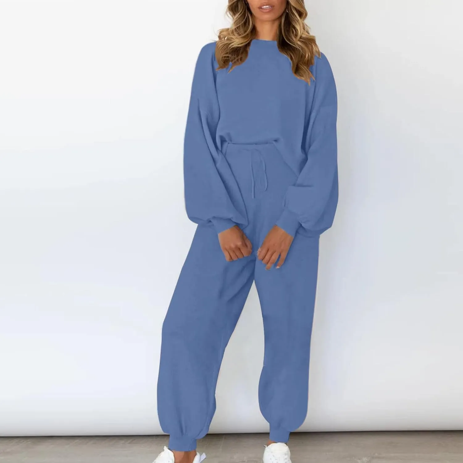Lounge Matching Set Women Lantern Sleeve Sweatshirt and Flared Baggy Drawstring Sweatpants Commuter Cycling Clothes