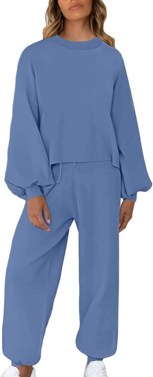 Lounge Matching Set Women Lantern Sleeve Sweatshirt and Flared Baggy Drawstring Sweatpants Commuter Cycling Clothes