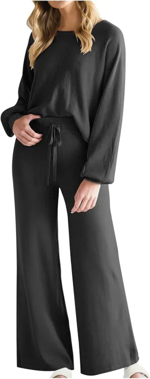 Lounge Matching Set Women Lantern Sleeve Sweatshirt and Flared Baggy Drawstring Sweatpants Commuter Cycling Clothes