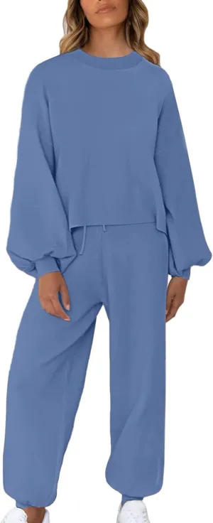 Lounge Matching Set Women Lantern Sleeve Sweatshirt and Flared Baggy Drawstring Sweatpants Commuter Cycling Clothes