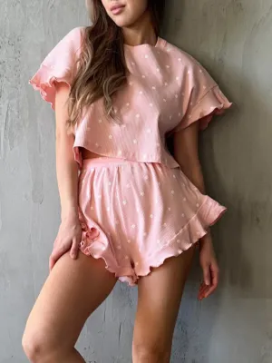 Lounge Outfit Set Women's Casual Pajamas Printed Round Neck Top and Shorts Set