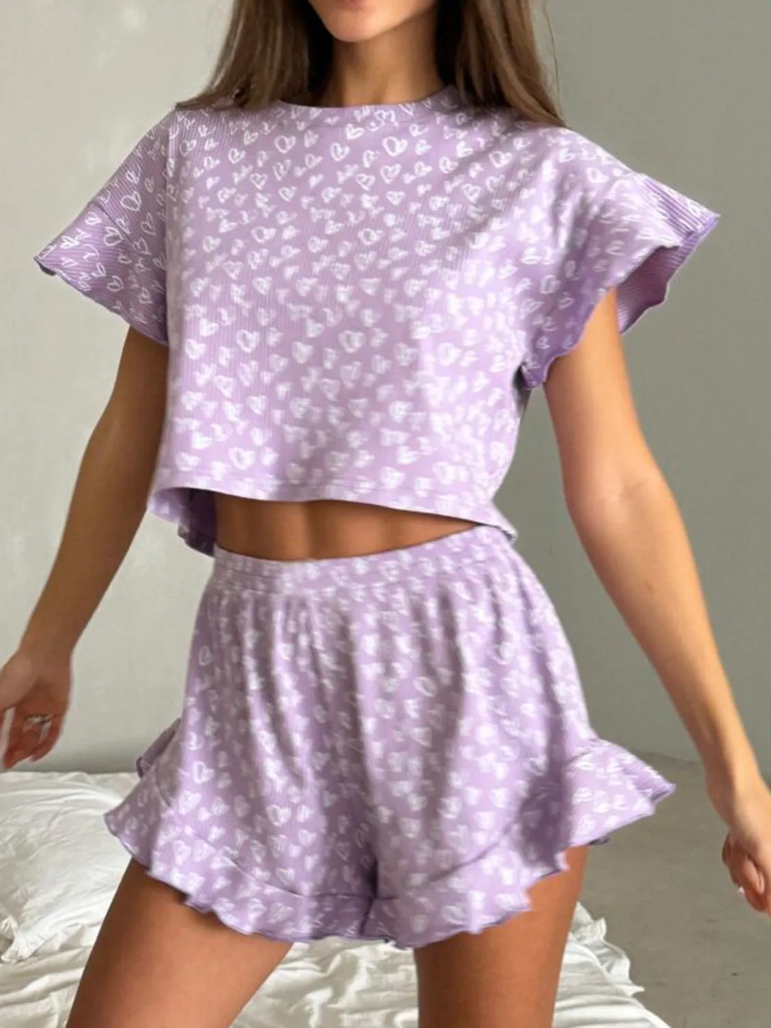 Lounge Outfit Set Women's Casual Pajamas Printed Round Neck Top and Shorts Set