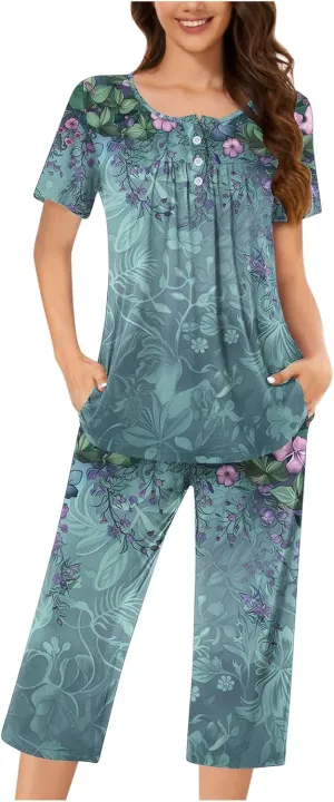 Lounge Sets for Women 2 Piece Capri Pajama Set Loose Pleated Sleepwear Top Capri Pants Button Up Soft Pjs Loungewear