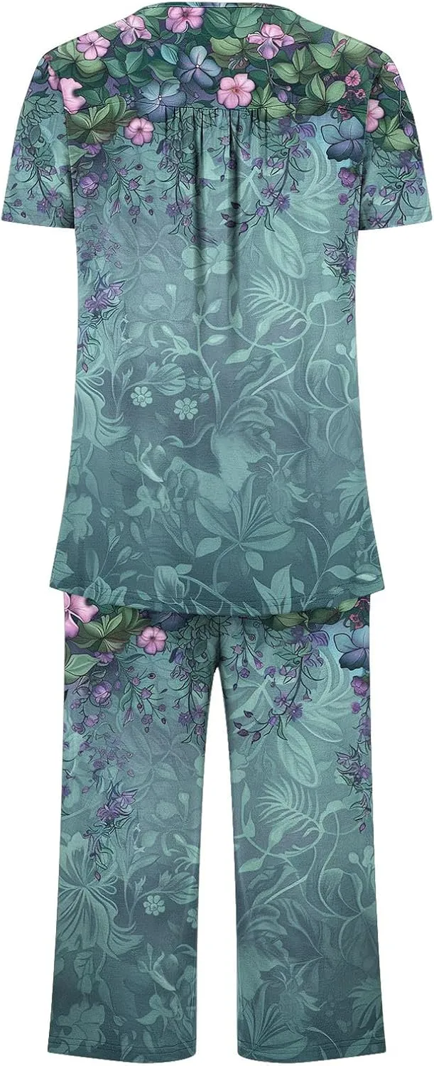 Lounge Sets for Women 2 Piece Capri Pajama Set Loose Pleated Sleepwear Top Capri Pants Button Up Soft Pjs Loungewear