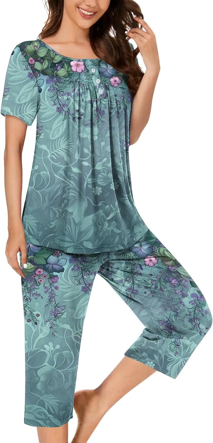 Lounge Sets for Women 2 Piece Capri Pajama Set Loose Pleated Sleepwear Top Capri Pants Button Up Soft Pjs Loungewear