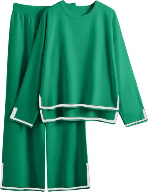 Lounge Sets for Women 2 Piece Outfits Long Sleeve Knit Pullover Sweater Sets Top Wide Leg Pants Sweatsuit Fall Outfits