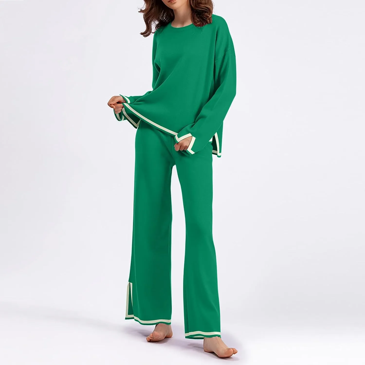 Lounge Sets for Women 2 Piece Outfits Long Sleeve Knit Pullover Sweater Sets Top Wide Leg Pants Sweatsuit Fall Outfits