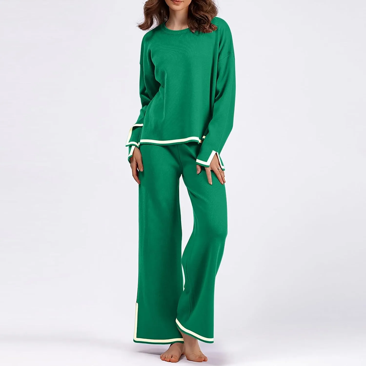Lounge Sets for Women 2 Piece Outfits Long Sleeve Knit Pullover Sweater Sets Top Wide Leg Pants Sweatsuit Fall Outfits