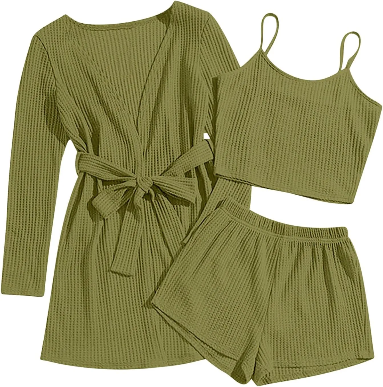 Lounge Sets for Women 3 Piece Sweatsuit Sets Waffle Knit Outfits Cardigan Cami Crop Top and Shorts Casual Travel Set