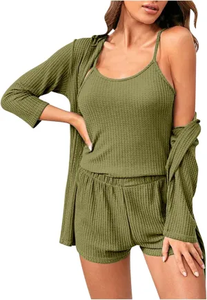 Lounge Sets for Women 3 Piece Sweatsuit Sets Waffle Knit Outfits Cardigan Cami Crop Top and Shorts Casual Travel Set