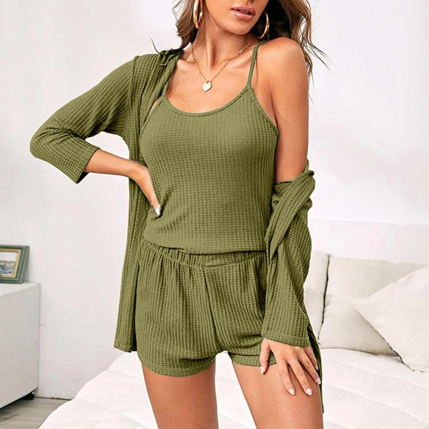 Lounge Sets for Women 3 Piece Sweatsuit Sets Waffle Knit Outfits Cardigan Cami Crop Top and Shorts Casual Travel Set