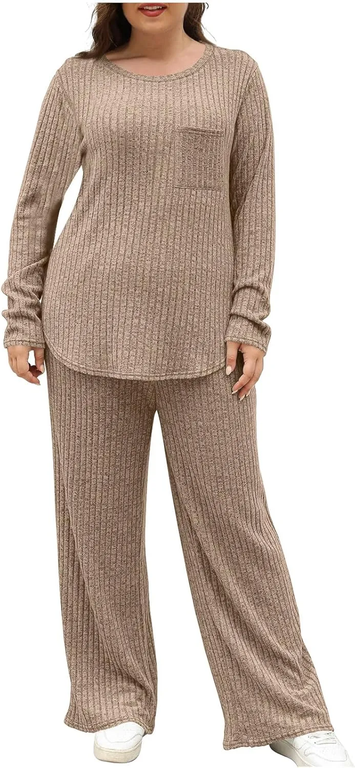Lounge Sets for Women Two Piece Outfits Crewneck Ribbed Knit Sweater and Wide Leg Pants Casual Comfy Loungewear