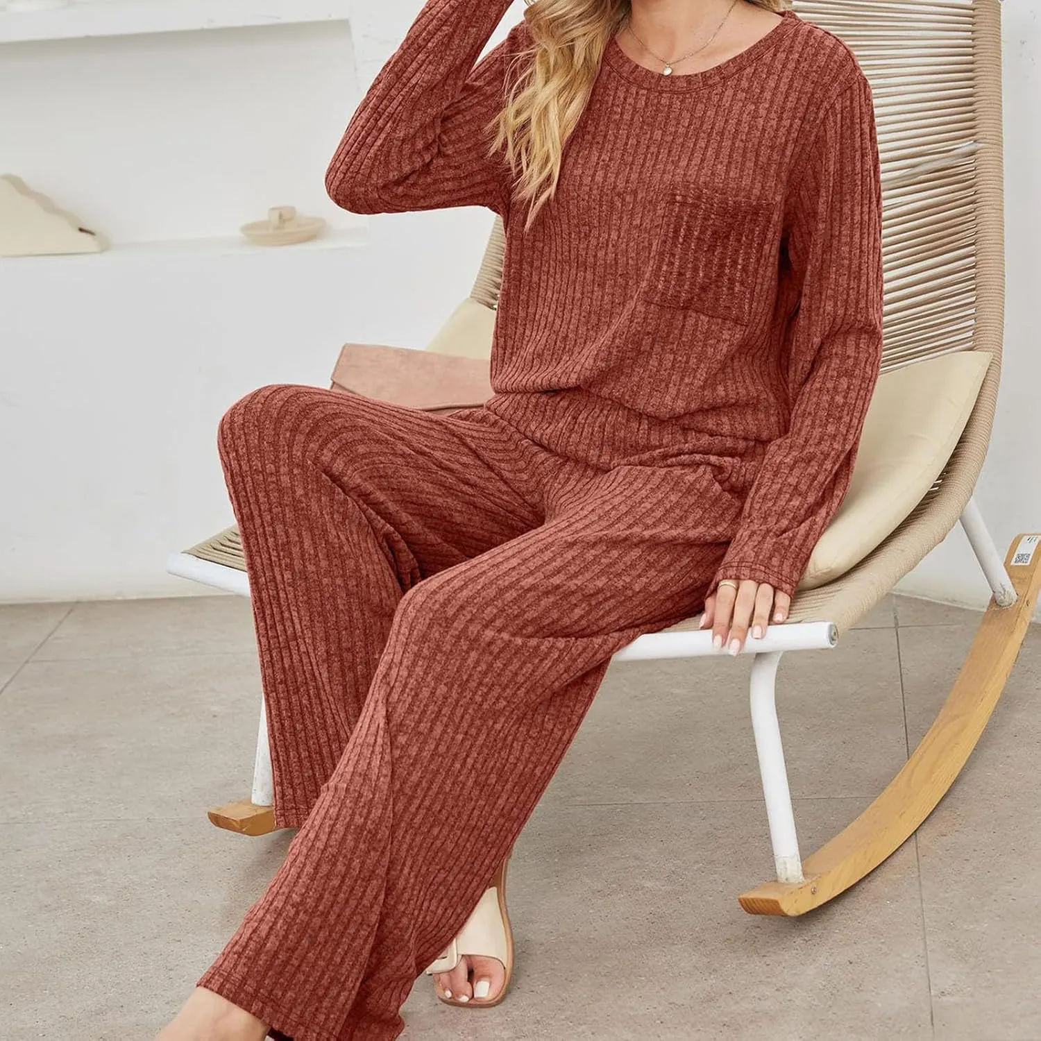 Lounge Sets for Women Two Piece Outfits Crewneck Ribbed Knit Sweater and Wide Leg Pants Casual Comfy Loungewear